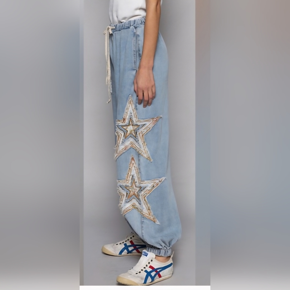 Women's L POL Star Patchwork Jogger Pants Boho Hippie Trendy NWOT - Picture 2 of 11